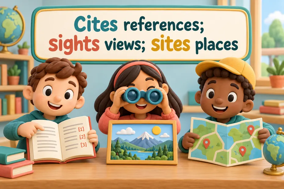 Cites references; sights views; sites places