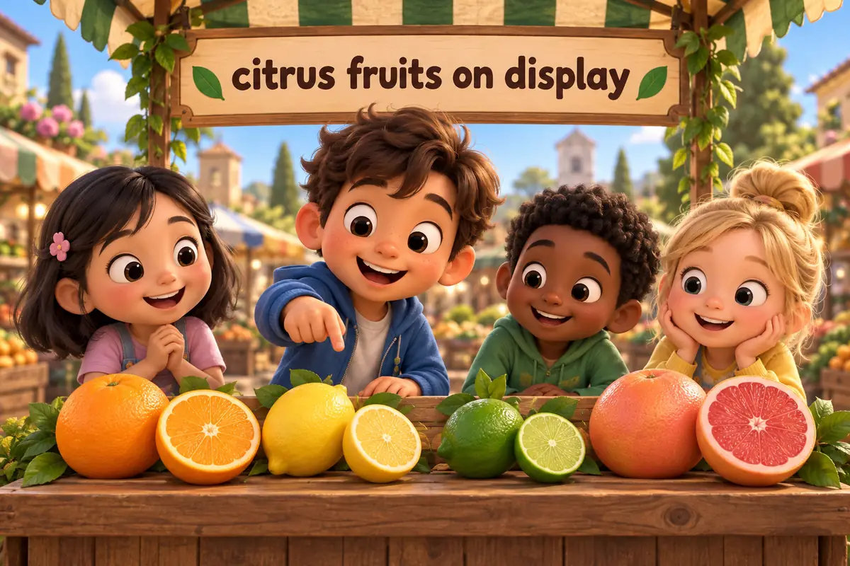 A cartoon display of citrus fruits name with pictures showing orange, lemon, lime and grapefruit whole and sliced.