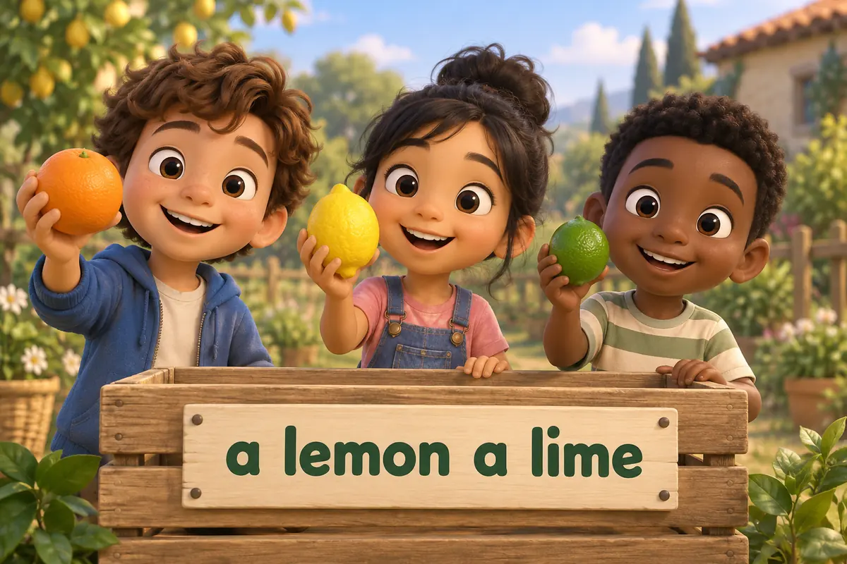 A cartoon market stall shows an orange, a lemon and a lime under a bright label.