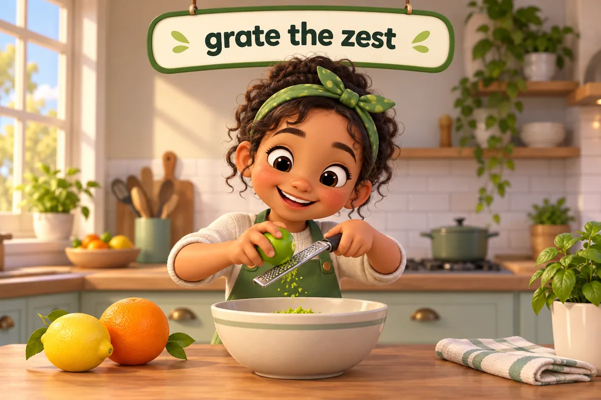 A cartoon cook grates the coloured skin of a lime over a mixing bowl on a counter.