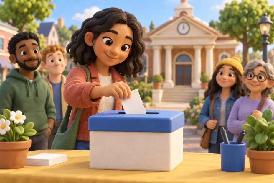 A student places a ballot in a community election box beside a town hall model.