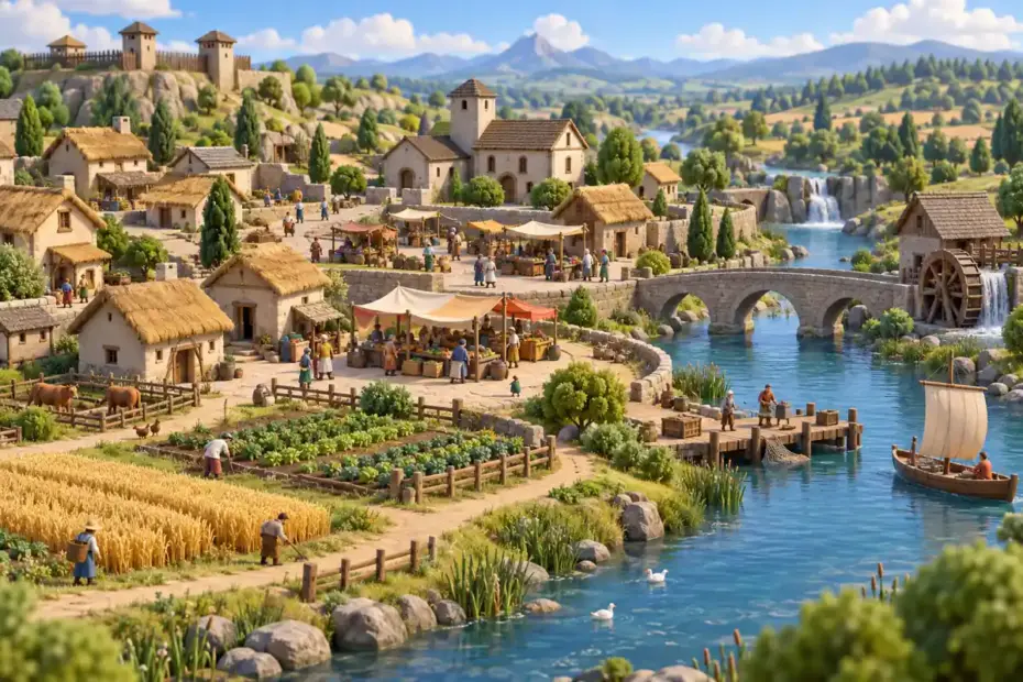 A museum-style model shows a historic settlement with homes, a market, and cultivated fields.