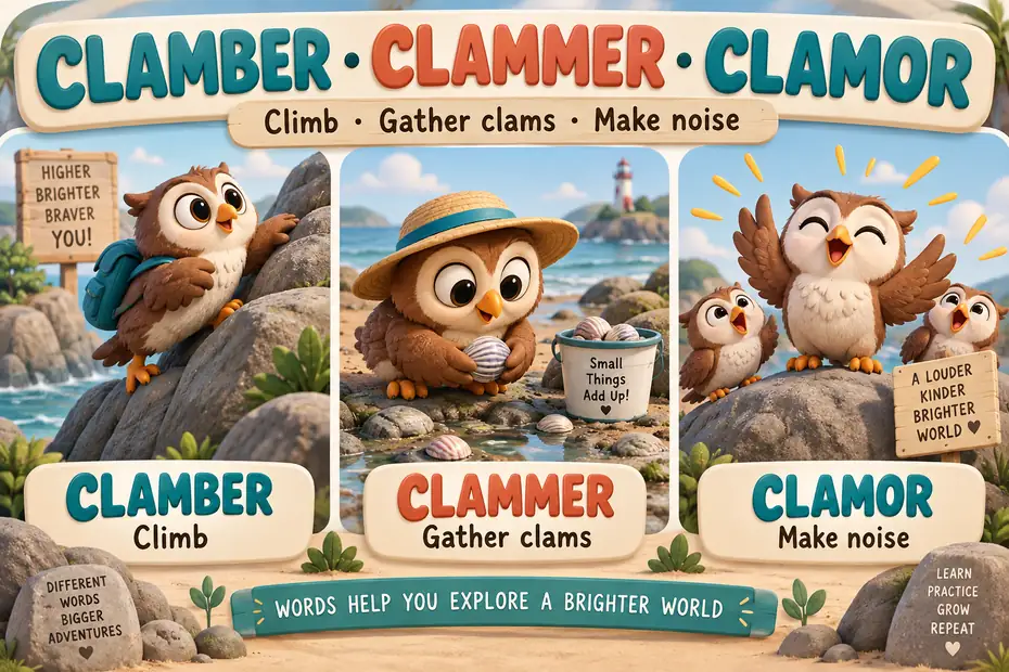 Clamber means climb, clammer names a clam gatherer, clamor means noise