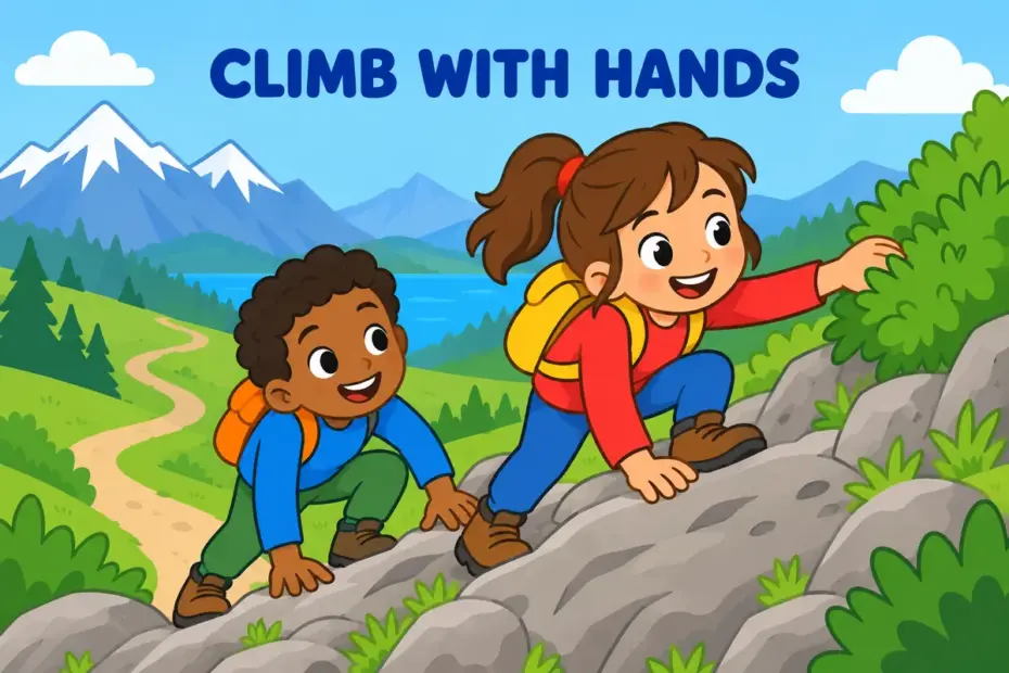 Cartoon children use hands and feet to clamber up a rough grassy slope, showing clamber in a sentence as an effortful climb.