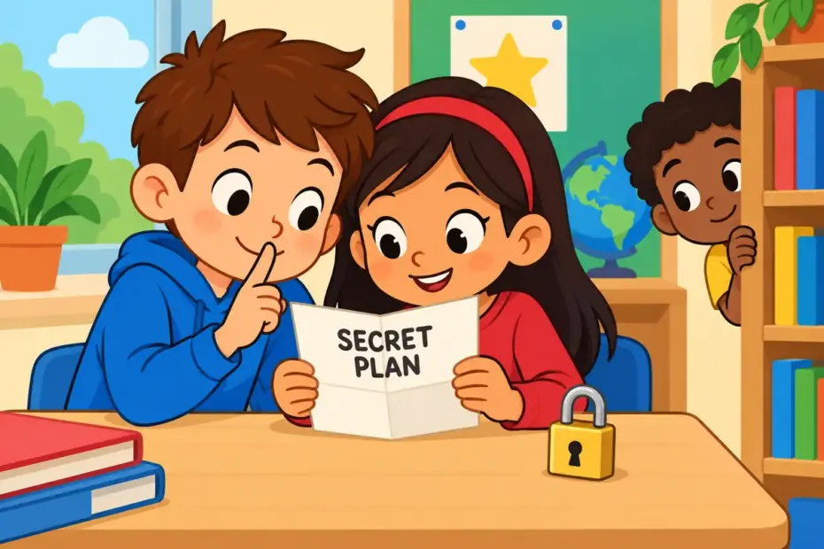 Cartoon children whisper over a folded note in a corner, showing clandestine in a sentence as a hidden plan.