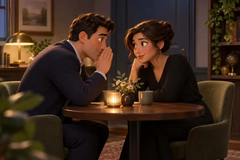 Two adults speak privately at a small table in a quiet room.
