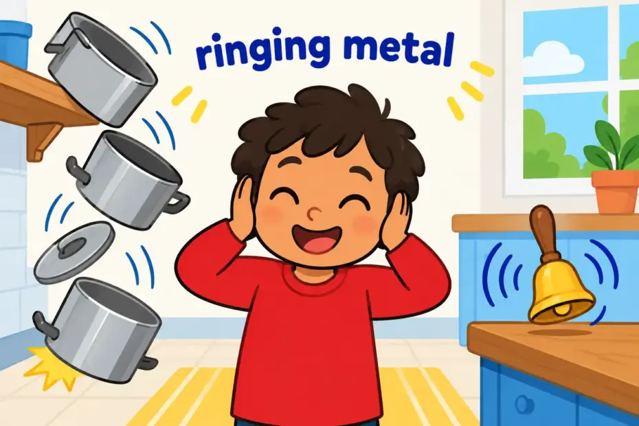 Cartoon child covers ears as pots and a bell clang, showing clangorous in a sentence as loud metallic ringing.