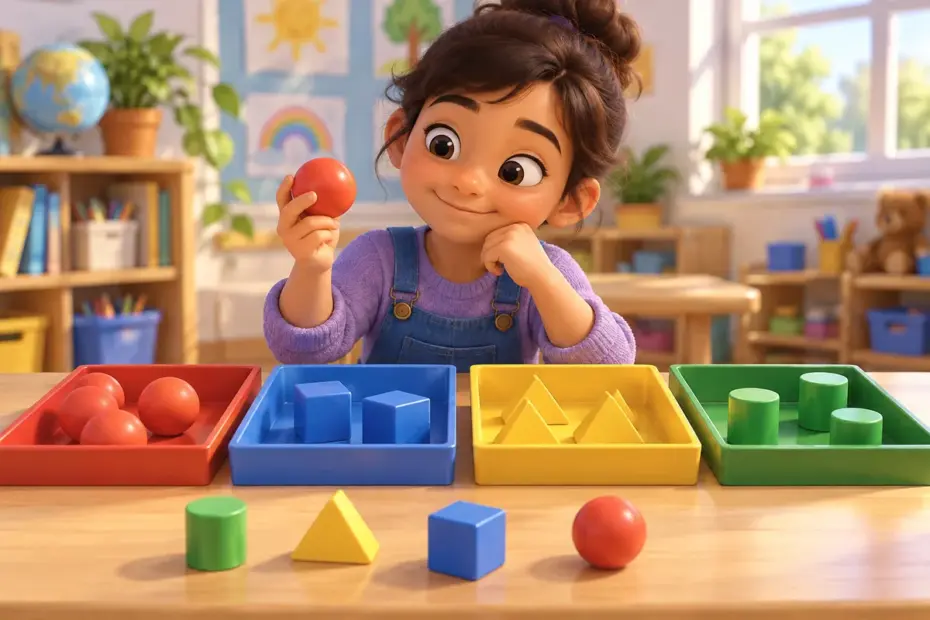 A child organizes colorful geometric shapes into trays with different forms.