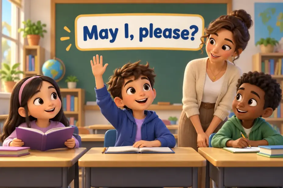 Cartoon students raise their hands in class, showing classroom sentences for students such as a polite request.