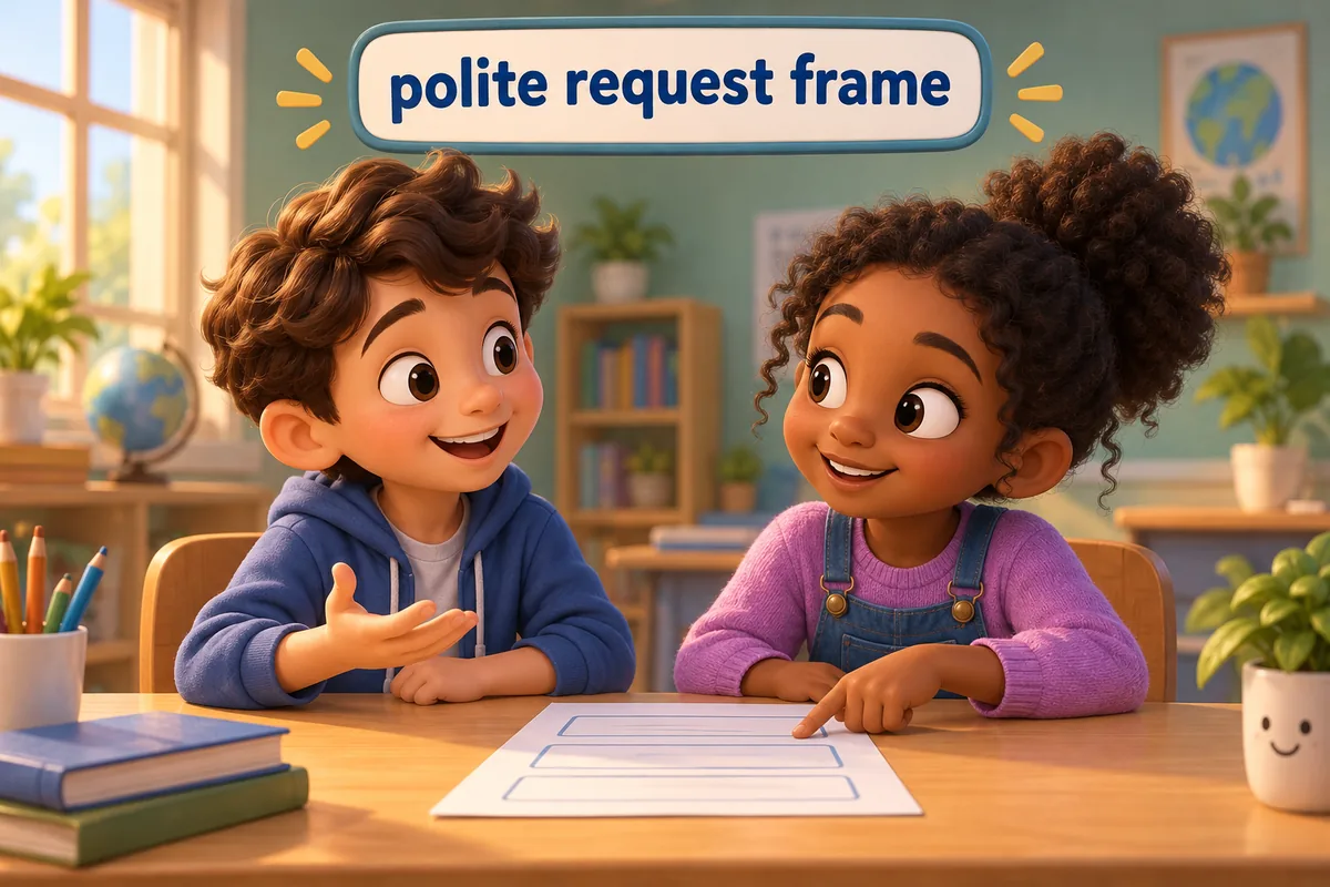 A cartoon student speaks with a speech bubble while a classmate points at a shared worksheet.