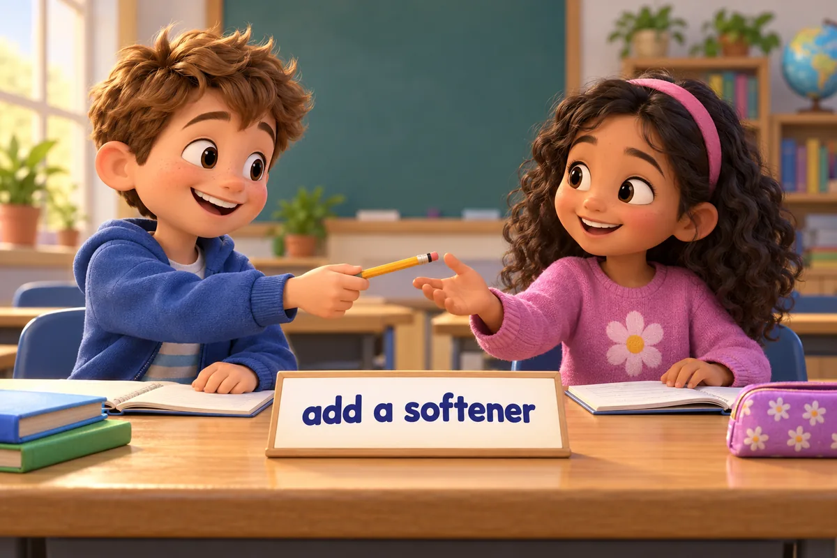 A cartoon child offers a pencil to a classmate with a warm smile beside a small polite sign.