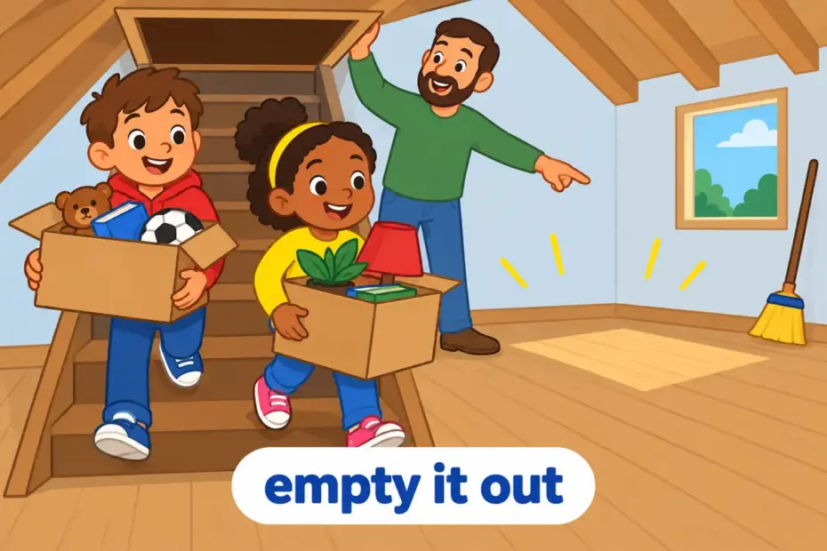 Cartoon children carry boxes from a cluttered attic, showing clean out in a sentence as emptying a space.