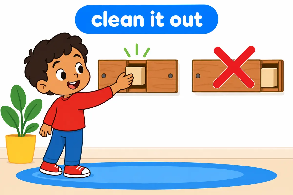 A cartoon child drops a small block into the gap between clean and out on a wooden sign.
