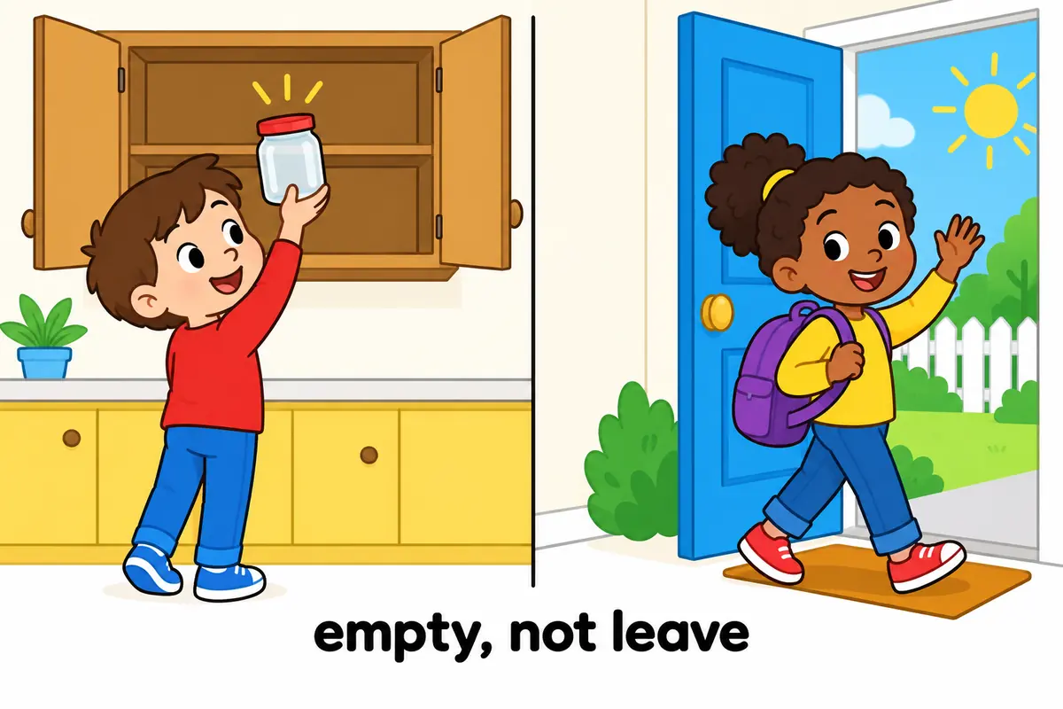 A cartoon split scene contrasts a child emptying a full cupboard with another child carrying a bag out of a door.