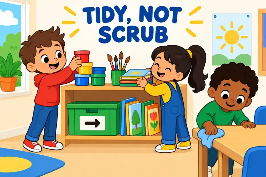 Cartoon pupils stack paint pots and books to show clear up in a sentence as putting a classroom in order.