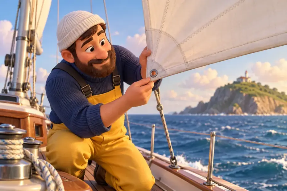 A sailor examines a lower corner of a raised sail.