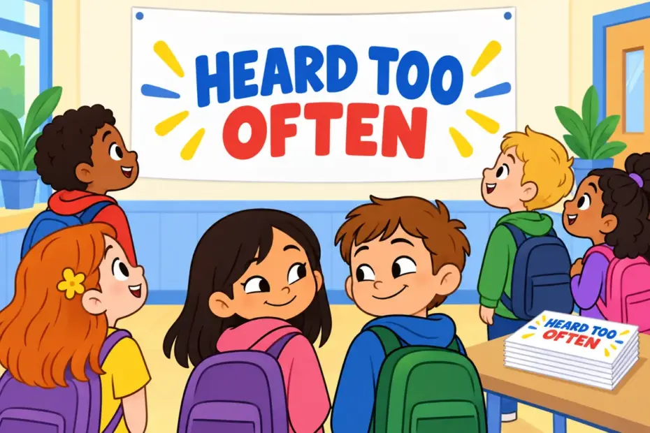 Cartoon pupils roll their eyes at a banner with a familiar saying, showing cliche in a sentence as worn language.