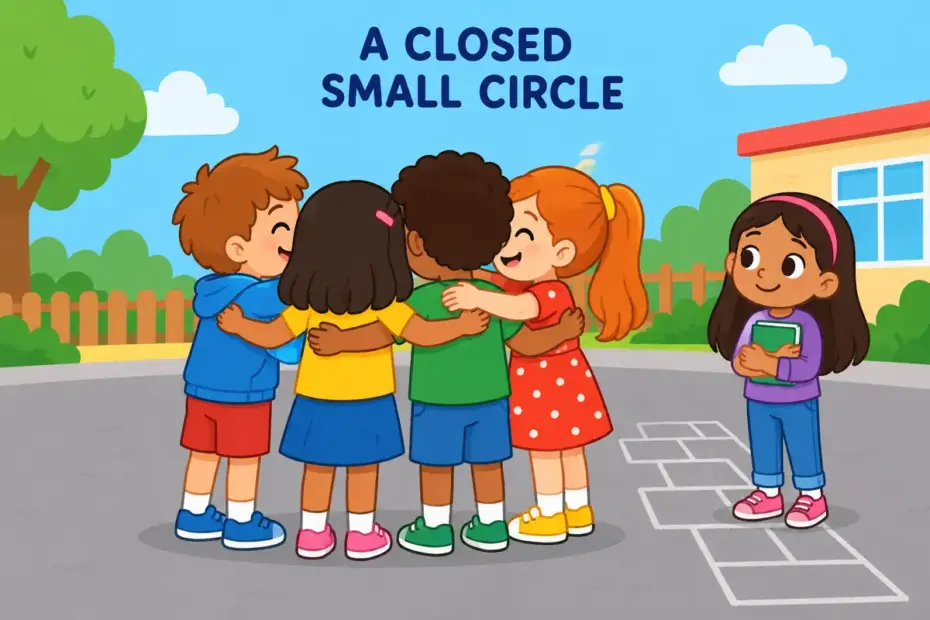 Cartoon children stand in a tight circle with linked arms while a classmate stands apart, showing clique in a sentence.