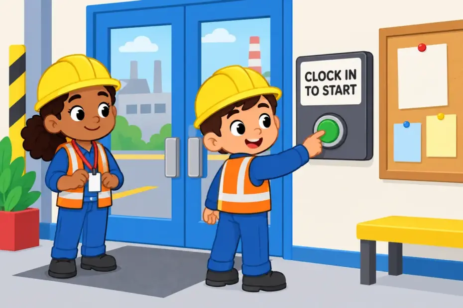Cartoon worker presses a wall time clock at a factory door, showing clock in in a sentence as recording the start of a shift.