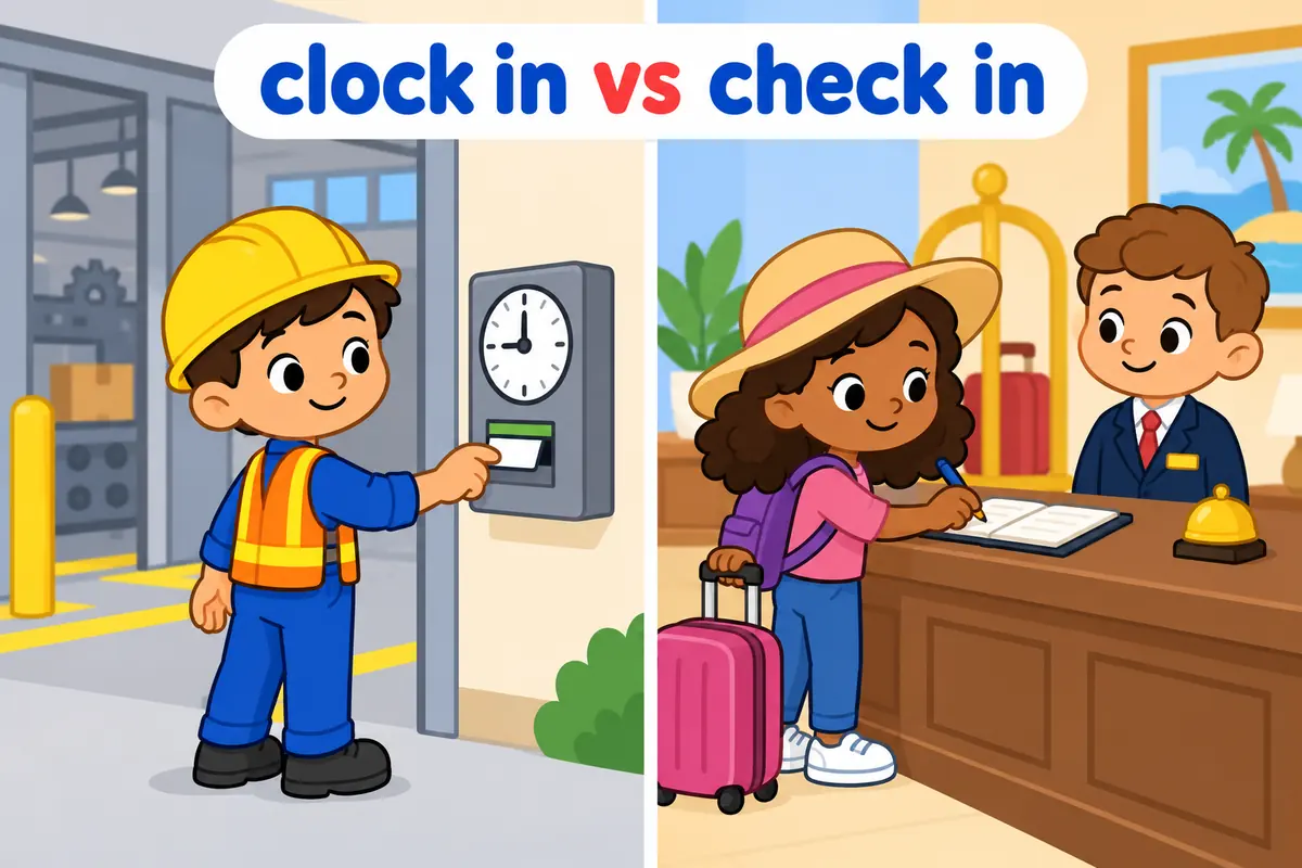 A cartoon worker taps a time clock while a hotel guest signs a register at a separate desk.