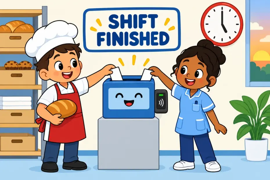 Cartoon workers press a time clock as a shift ends, showing clock out in a sentence as recording a finished workday.