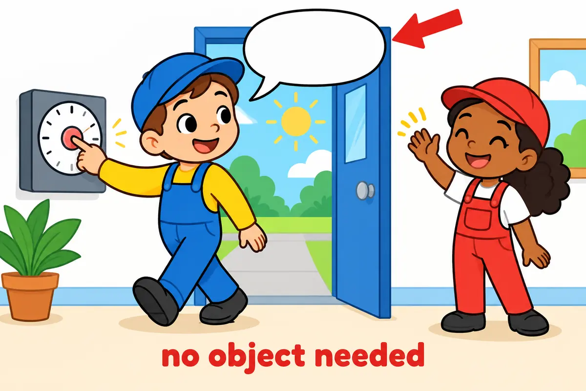 A cartoon worker presses a time clock as a shift ends, showing clock out in a sentence with no object.