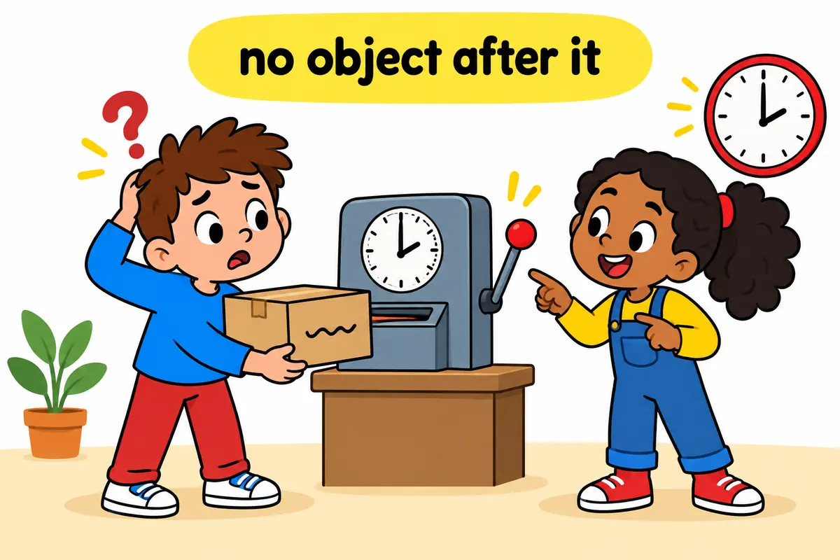 A cartoon worker stops a raised hand at a time clock, showing the mistake of adding an object to clock out.