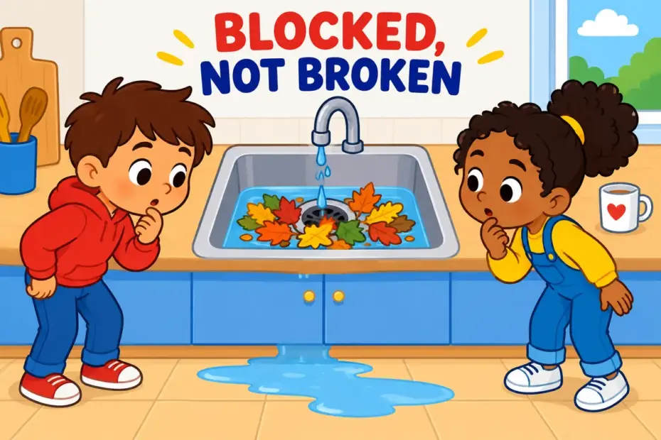 Cartoon children watch a sink fill with leaves until the water stops, showing clog up in a sentence as a gradual block.