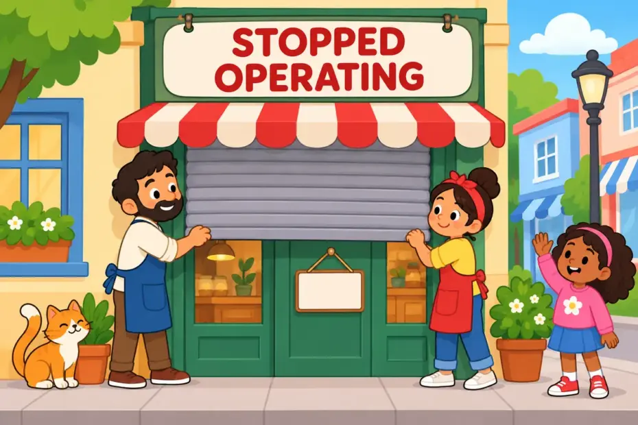 Cartoon shopkeepers lower a shutter on a small shop, illustrating close down in a sentence as stopping operations.