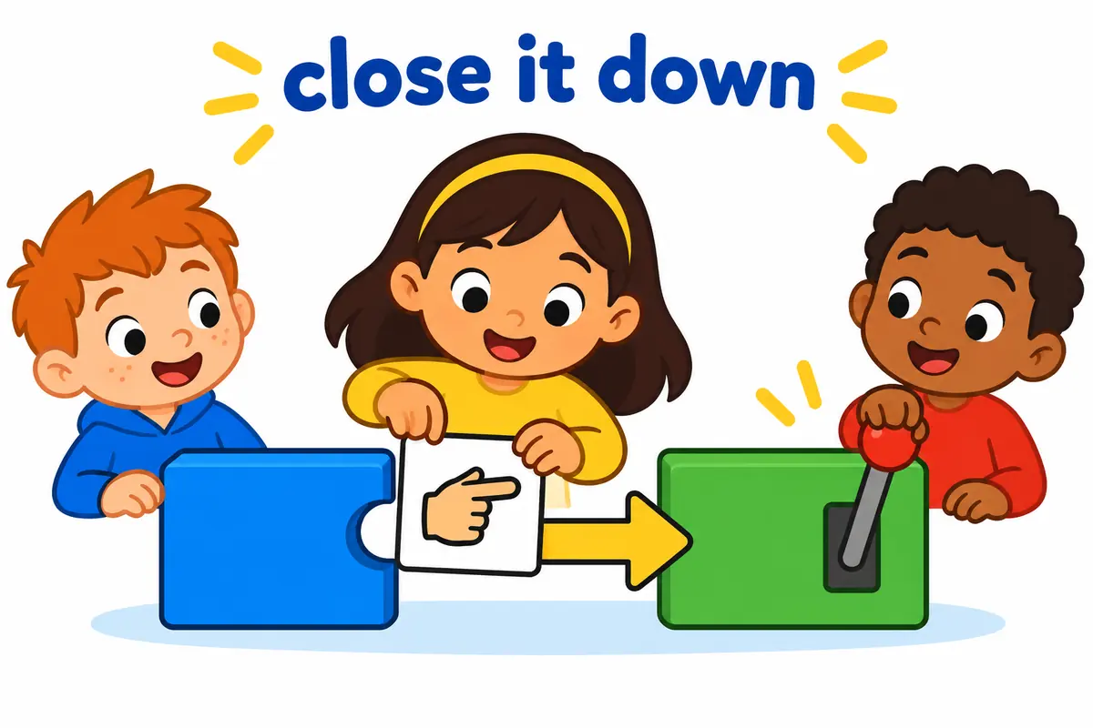 A cartoon child slots a small pronoun card between a switch and a lever, showing where it goes in close it down.