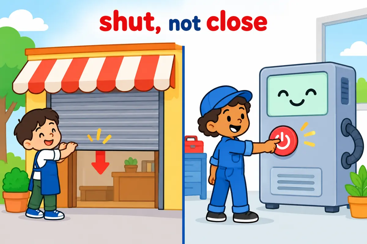 A cartoon split scene contrasts a shop lowering its shutter with a technician powering a machine down with a button.