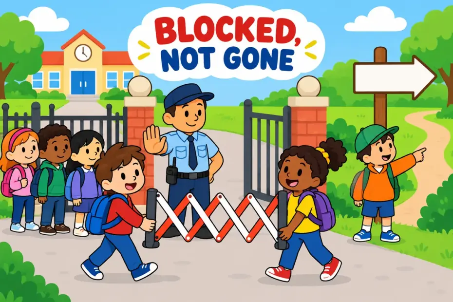 Cartoon children watch a guard place a folding barrier across a school path, showing close off in a sentence as blocking an area.