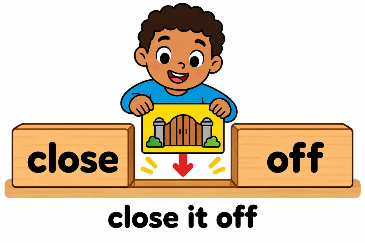 A cartoon child slides a bright card showing a small gate into the gap between the two words close and off.