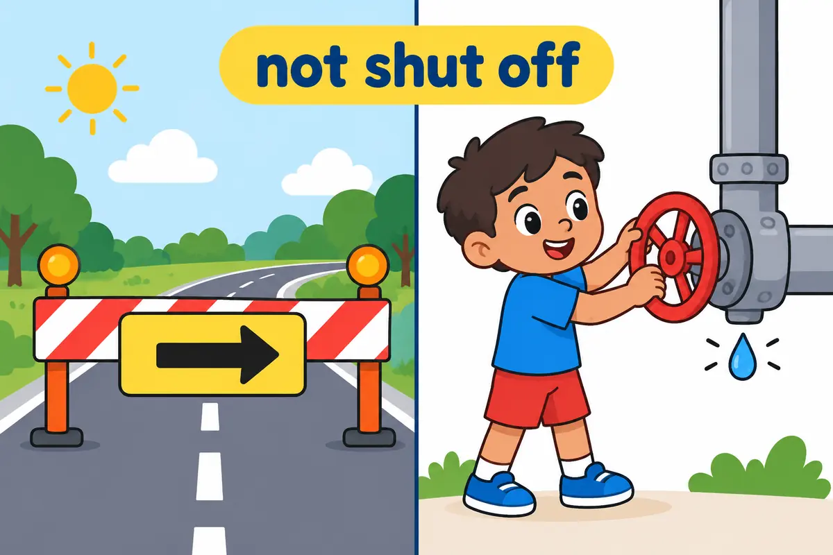 A cartoon split scene contrasts a barrier across a road with a child turning a valve to stop a flowing pipe.