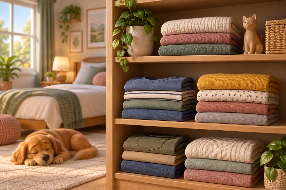 Folded garments rest neatly on a bedroom shelf.