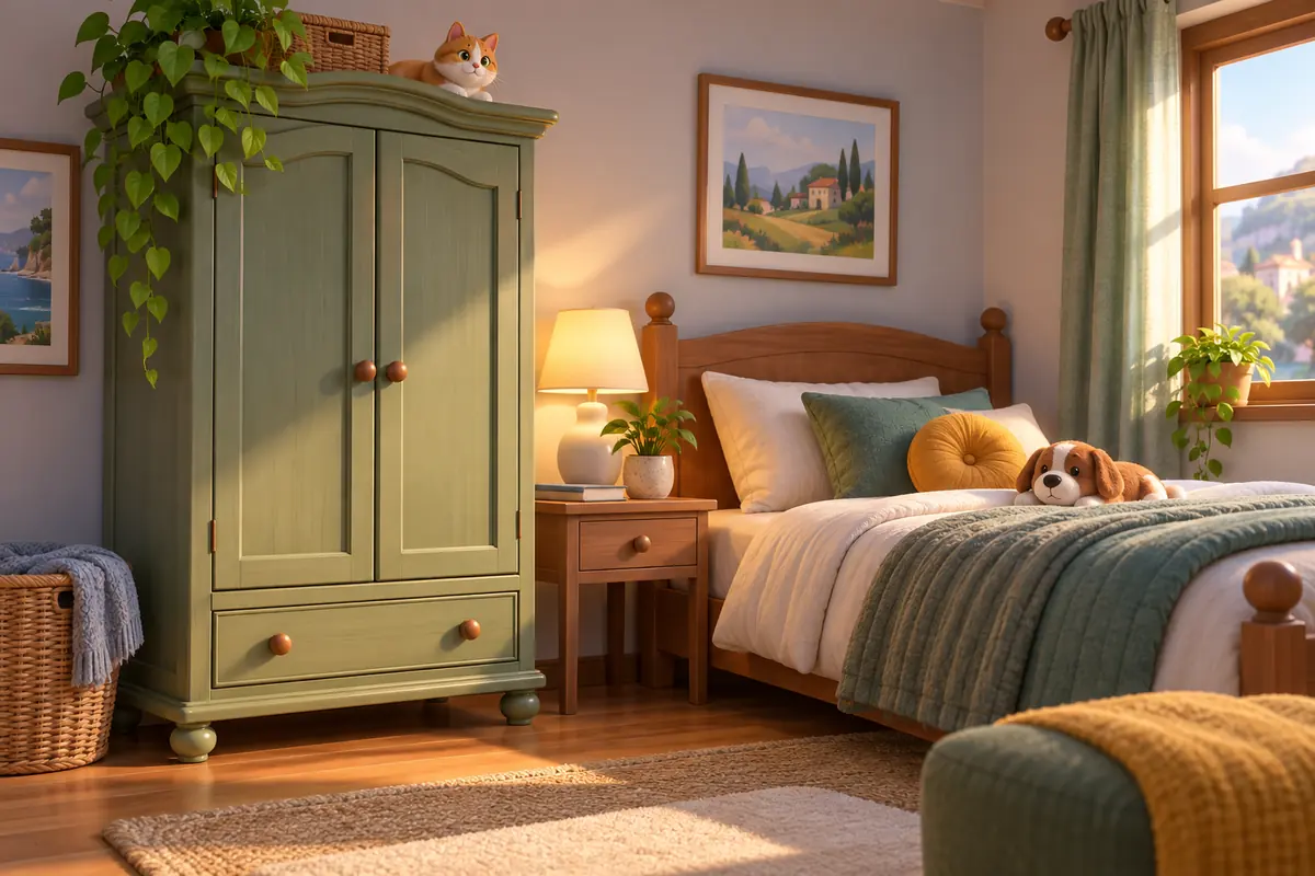 A wardrobe stands near a bed in a small room.