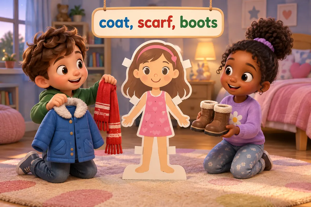 Cartoon children dress a paper doll, showing clothes and fashion vocabulary for a coat, a scarf and boots.
