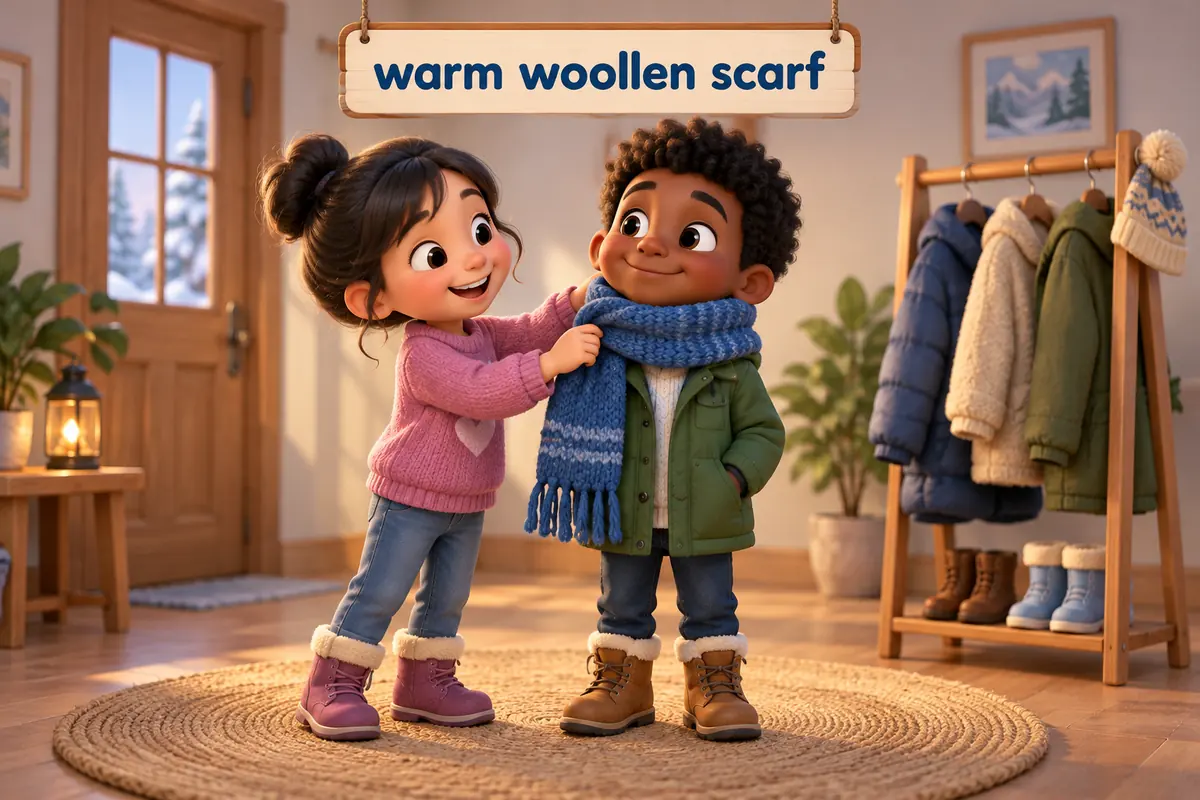 A cartoon child wraps a thick scarf around a friend on a chilly day beside a small clothes rack.