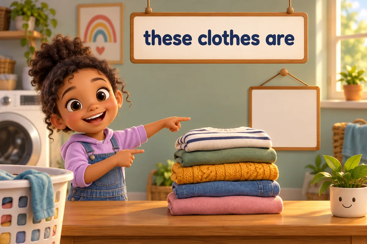 A cartoon child points at a neat pile of folded clothes beside a small chart on the wall.