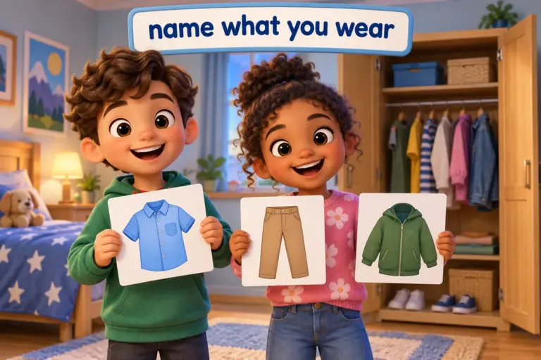 Cartoon children point to clothes name for kids cards showing a shirt, trousers and a jacket.