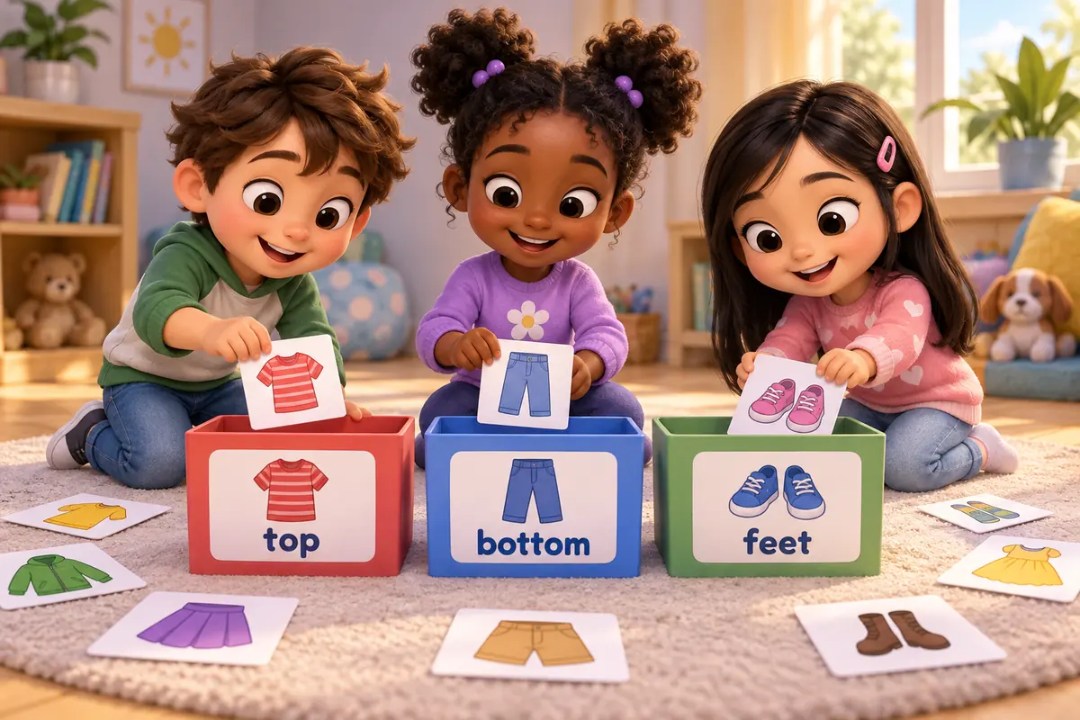 Cartoon children sort clothes cards into top, bottom and footwear groups.