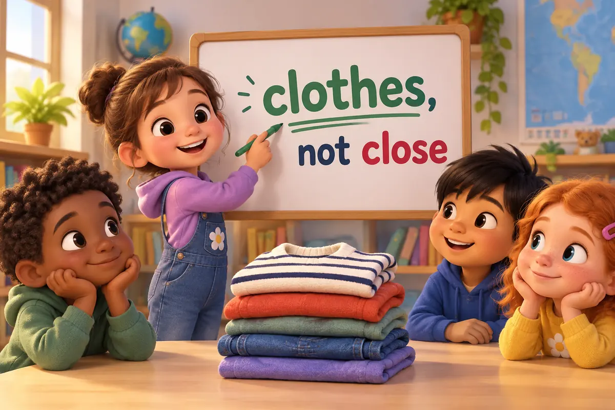 Cartoon children fix a label that wrongly reads close into the word clothes.