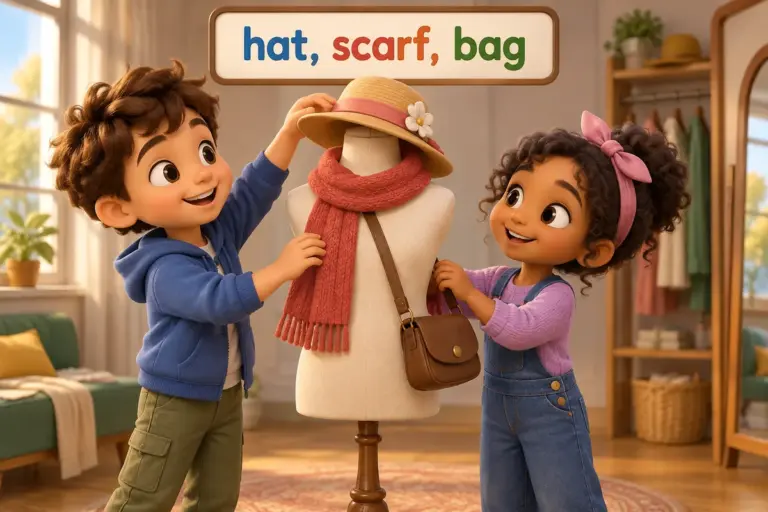 Cartoon children dress a mannequin with a hat, a scarf and a bag, showing clothing accessories vocabulary in use.