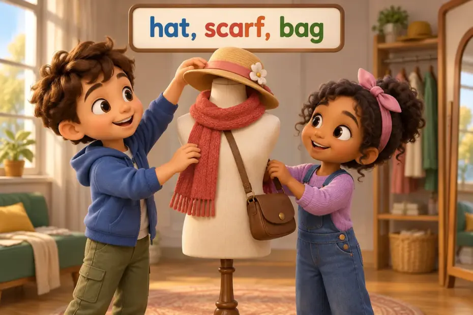 Cartoon children dress a mannequin with a hat, a scarf and a bag, showing clothing accessories vocabulary in use.
