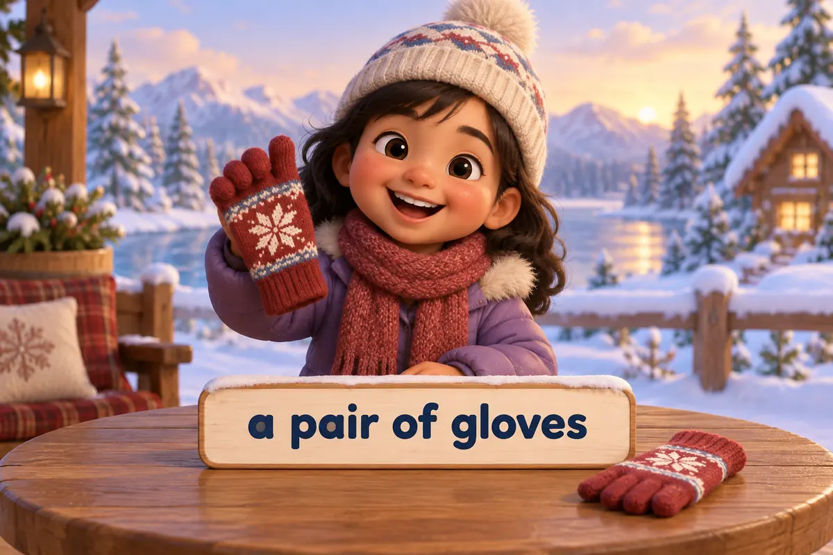 A cartoon child holds up one glove beside its matching partner on a tidy table.