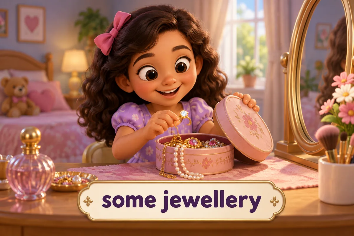 A cartoon child opens a small box of shiny rings and necklaces on a dressing table.