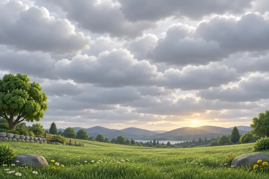 A meadow sits beneath broad gray and white cloud cover without rain.