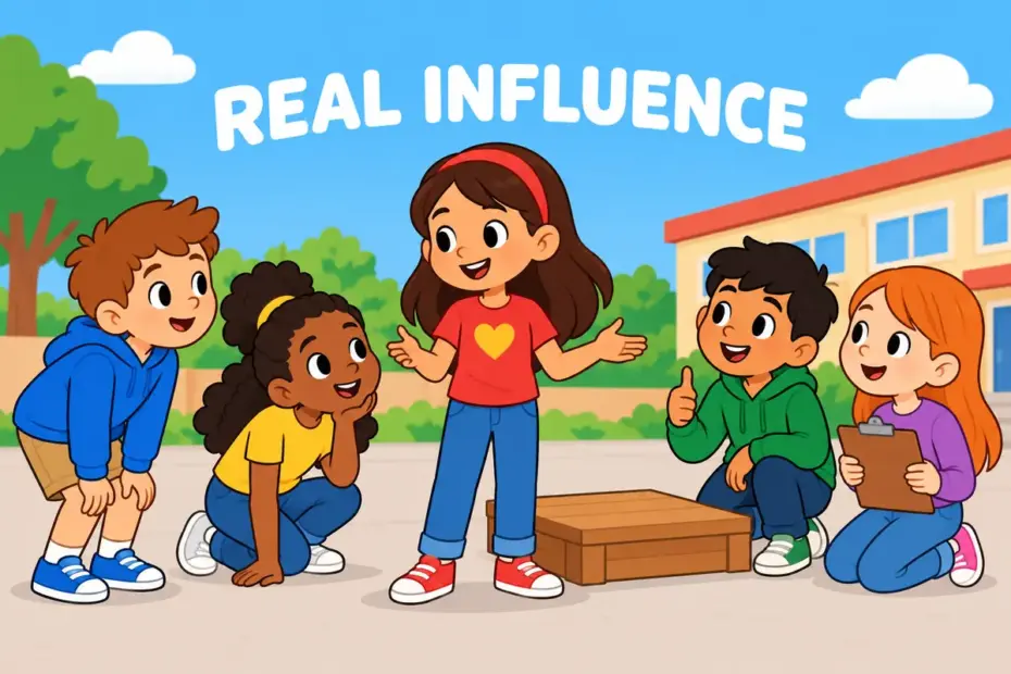 Cartoon children gather round one classmate who raises a hand, showing clout in a sentence as influence others follow.