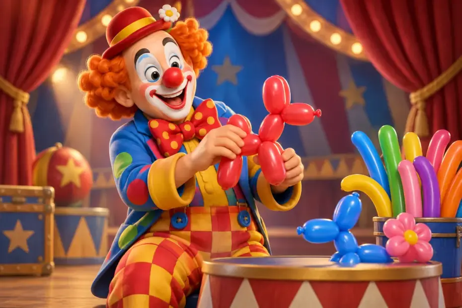 A friendly circus clown in bright clothing makes balloon shapes on a stage.
