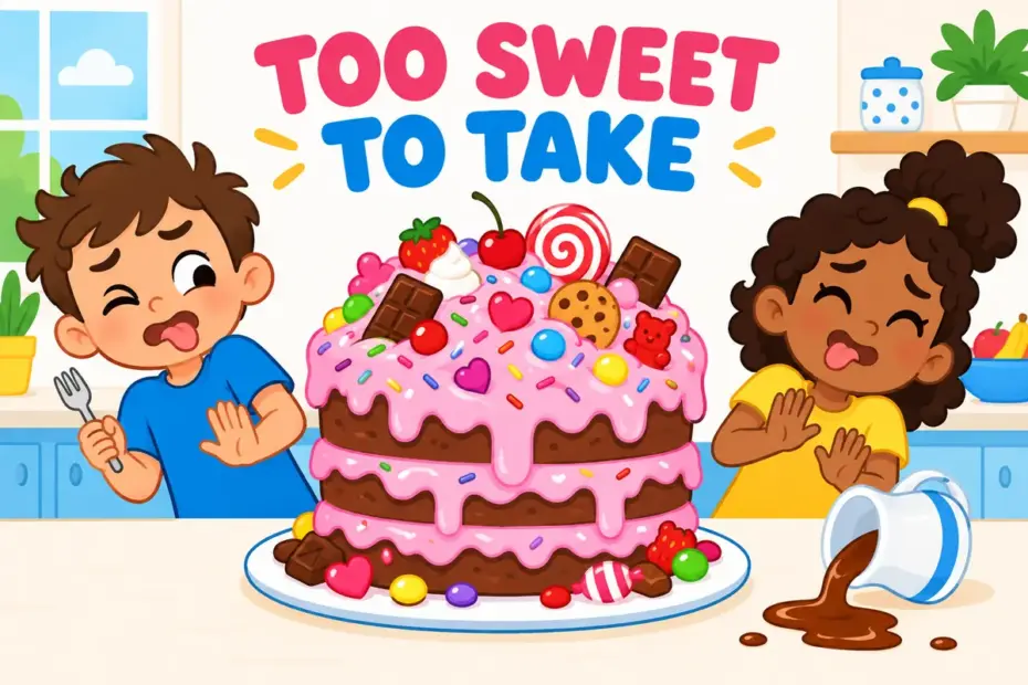 Cartoon children grimace at an enormous frosted cake, showing cloying in a sentence as sweetness that has gone too far.
